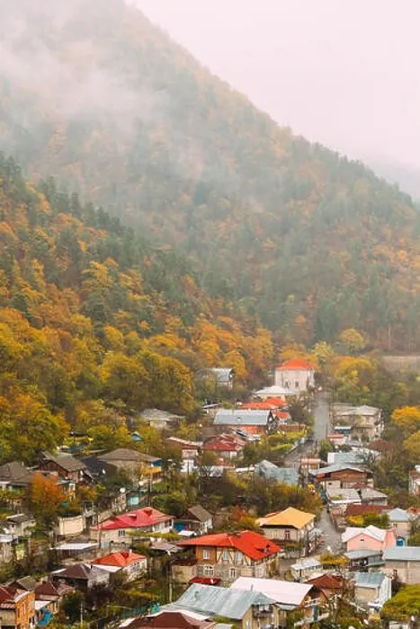Framed Print : Borjomi, Samtskhe-Javakheti, Georgia - Aerial View Cityscape Of Borjomi Resort City Autumn October Day. Borjomi Is A Resort Town In South-central Geo Framed Print : Borjomi, Samtskhe-Javakheti, Georgia - Aerial View Cityscape Of Borjomi Resort City Autumn October Day. Borjomi Is A Resort Town In South-central Geo