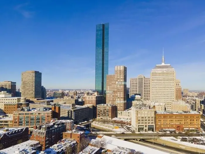 Framed Print : Boston Back Bay modern city skyline including John Hancock Tower in winter in Boston, Massachusetts MA, USA