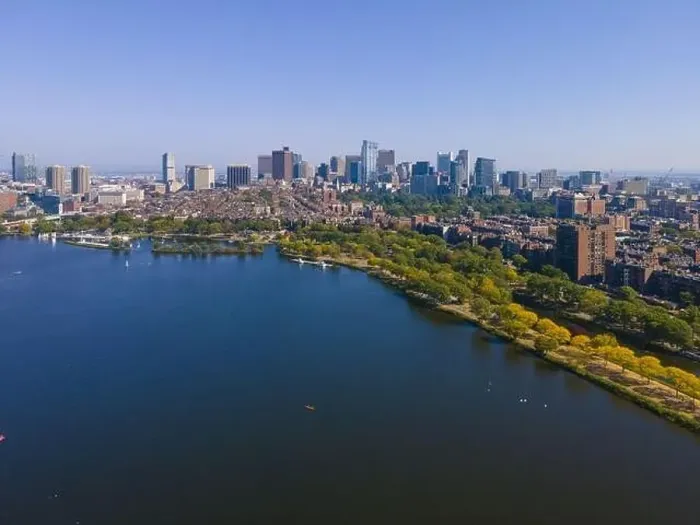 Framed Print : Boston financial district modern city skyline aerial view with Charles River