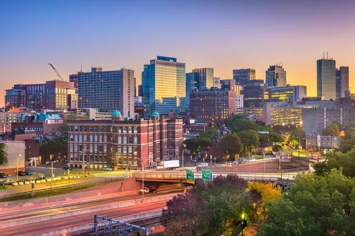 Framed Print : Boston, Massachusetts, USA cityscape over highways at dawn Framed Print : Boston, Massachusetts, USA cityscape over highways at dawn