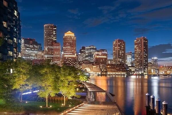Boston, Massachusetts, USA downtown city skyline and pier at twilight