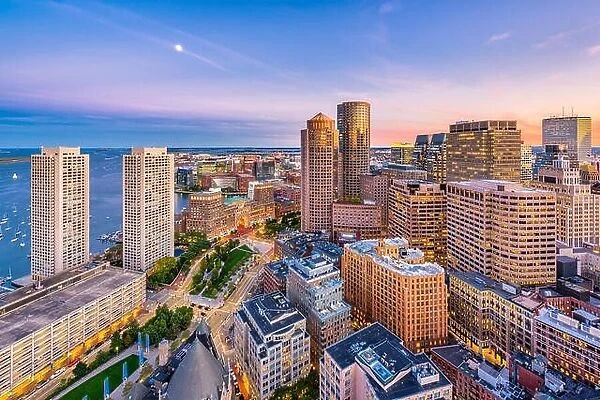 Boston, Massachusetts, USA downtown cityscape at dusk