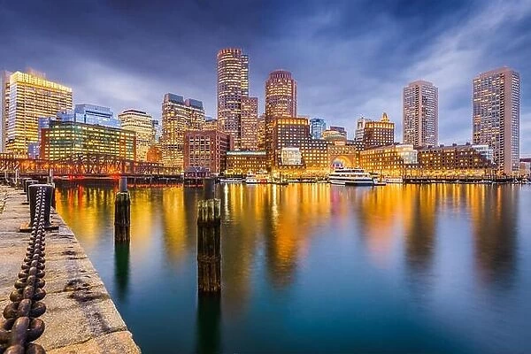Boston, Massachusetts, USA downtown on the harbor at twilight