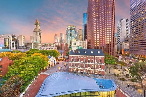 Boston, Massachusetts, USA downtown markets and cityscape at twilight
