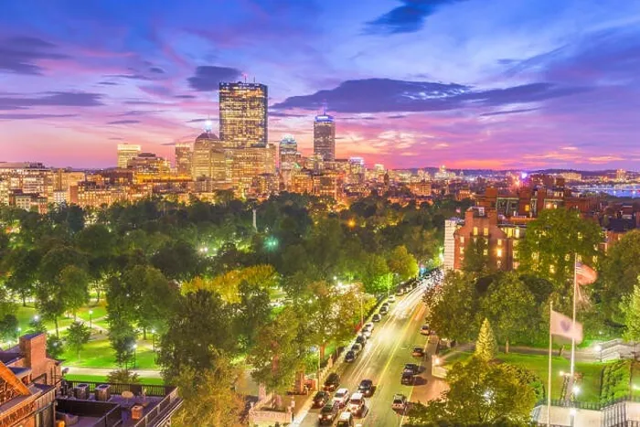 Framed Print : Boston, Massachusetts, USA downtown skyline over the park at dusk