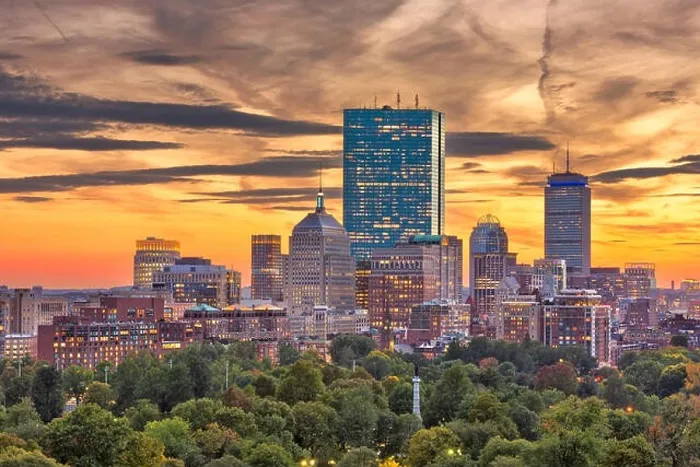 Framed Print : Boston, Massachusetts, USA downtown skyline over the park at dusk