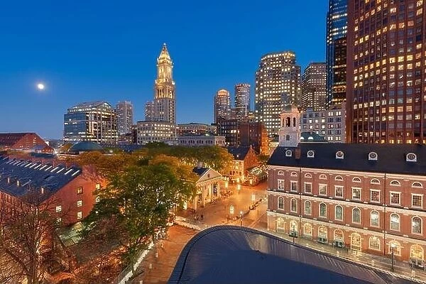 Boston, Massachusetts, USA skyline with Faneuil Hall and Quincy Market at dusk