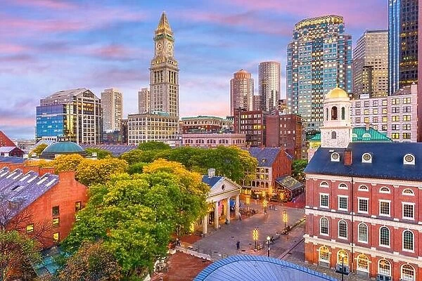 Boston, Massachusetts, USA skyline with Quincy Market and Faneuil Hall