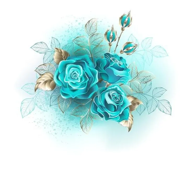 Framed Print : Bouquet of three turquoise roses with gold and turquoise leaves on white background Framed Print : Bouquet of three turquoise roses with gold and turquoise leaves on white background