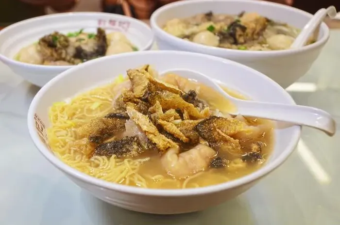 Framed Print : A bowl of Wonton noodles with fried fish skin topping Framed Print : A bowl of Wonton noodles with fried fish skin topping
