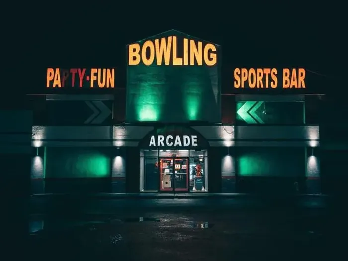Framed Print : Bowling alley signs at night, Massapequa, New York Framed Print : Bowling alley signs at night, Massapequa, New York