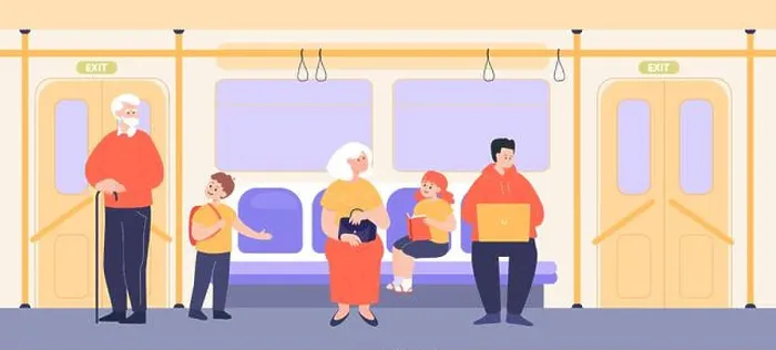Framed Print : Boy offering seat to old man on train Framed Print : Boy offering seat to old man on train
