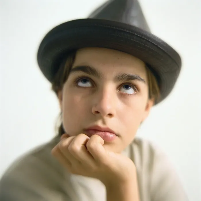 Framed Print : Boy wearing hat, looking up, portrait
