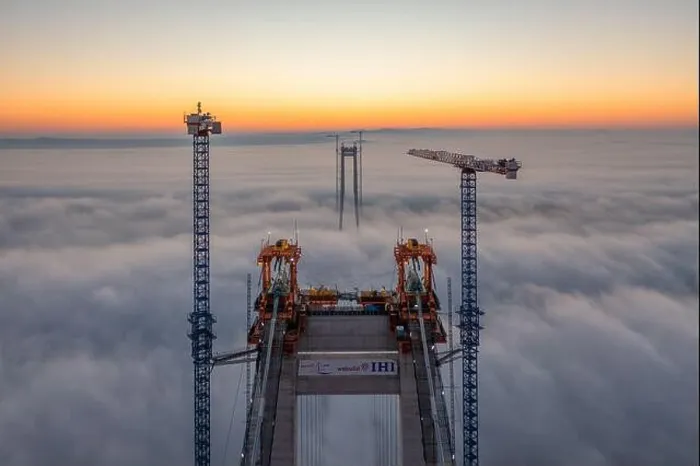 Framed Print : Braila, Romania - November 13, 2022: IHI Webuild japonese company building the bridge over Danube River near Braila City in Romania. Panoramic aerial Framed Print : Braila, Romania - November 13, 2022: IHI Webuild japonese company building the bridge over Danube River near Braila City in Romania. Panoramic aerial