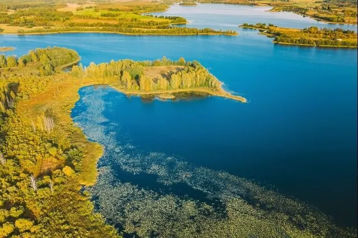 Framed Print : Braslaw District, Vitebsk Voblast, Belarus. Aerial View Of Ikazn Lake, Green Forest Landscape. Top View Of Beautiful European Nature From High