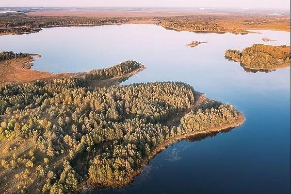 Braslaw District, Vitebsk Voblast, Belarus. Aerial View Of Ikazn Lake, Green Forest Landscape. Top View Of Beautiful European Nature From High