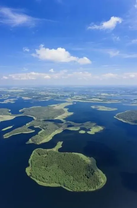 Framed Print : Braslaw lakes aerial vertical panorama. Beautiful aerial nature photograph. Huge lake with islands in summer