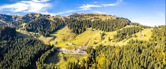 Framed Print : Brauneck mountain in autumn. Aerial Panorama. Lenggries, Bavaria, Germany. New Schroedlestein Ski Lift