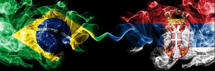 Framed Print : Brazil vs Serbia, Serbian smoke flags placed side by side Framed Print : Brazil vs Serbia, Serbian smoke flags placed side by side