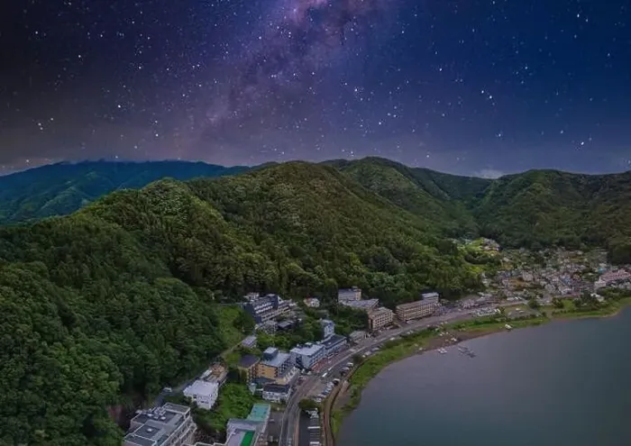 Framed Print : Breathtaking aerial view of Kawguchi lake, village and mountain at night Framed Print : Breathtaking aerial view of Kawguchi lake, village and mountain at night