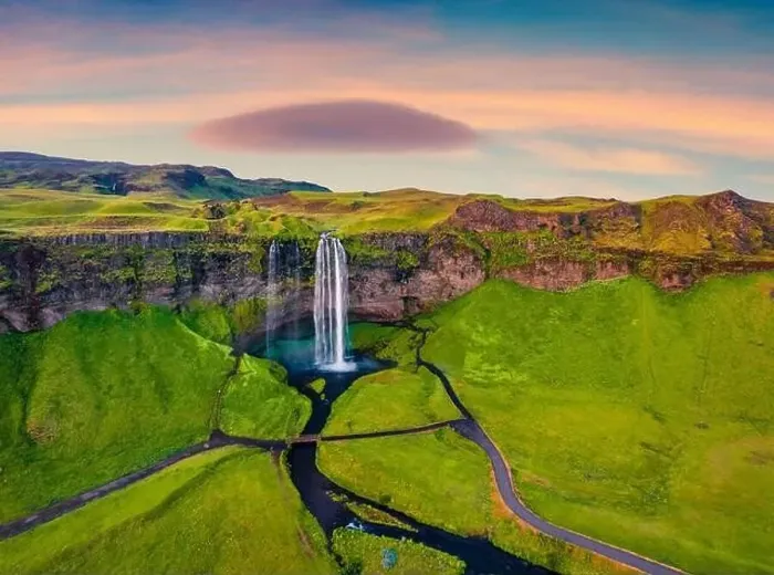 Framed Print : Breathtaking morning view from flying drone of Seljalandsfoss waterfall Framed Print : Breathtaking morning view from flying drone of Seljalandsfoss waterfall