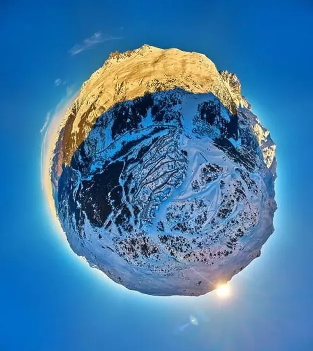 Framed Print : Breathtaking panoramic aerial 360 panorama little planet view on Snow Alps - winter mountain peaks around French Alps Framed Print : Breathtaking panoramic aerial 360 panorama little planet view on Snow Alps - winter mountain peaks around French Alps