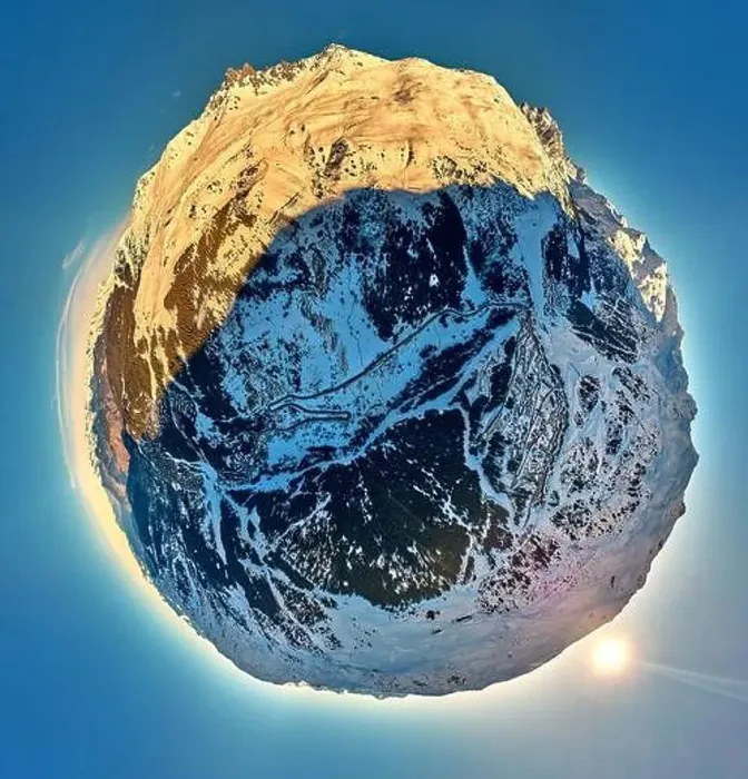 Framed Print : Breathtaking panoramic aerial 360 panorama little planet view on Snow Alps - winter mountain peaks around French Alps