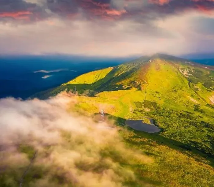 Framed Print : Breathtaking view from flying drone of Nesamovyte Lake and Turkul Peak Framed Print : Breathtaking view from flying drone of Nesamovyte Lake and Turkul Peak