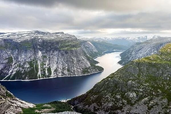 Breathtaking view on ringedalsvatnet lake from Trolltunga rock - most spectacular and famous scenic cliff in Norway. Landscape photography