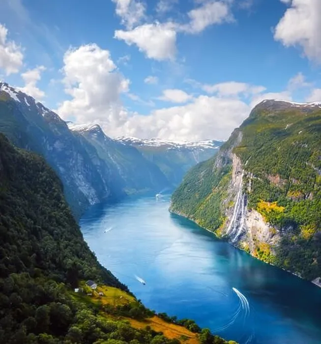 Framed Print : Breathtaking view of Sunnylvsfjorden fjord and famous Seven Sisters waterfalls, near Geiranger village in western Norway. Landscape photography Framed Print : Breathtaking view of Sunnylvsfjorden fjord and famous Seven Sisters waterfalls, near Geiranger village in western Norway. Landscape photography