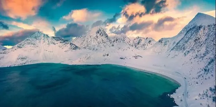 Framed Print : Breathtaking winter view from flying drone of Vik Beach among snowy peaks