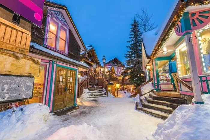 Framed Print : Breckenridge, Colorado, USA downtown streets at night in the winter with holiday lighting