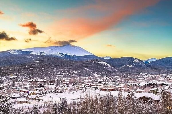 Breckenridge, Colorado, USA ski resort town skyline in winter at dawn