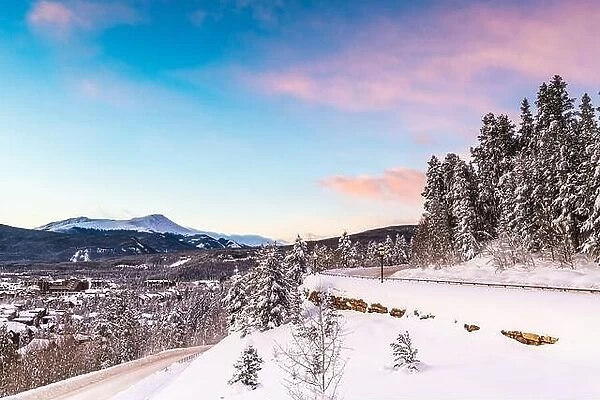 Breckenridge, Colorado, USA town skyline in winter at dawn