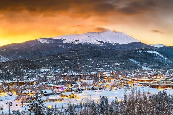 Framed Print : Breckenridge, Colorado, USA town skyline in winter at dusk