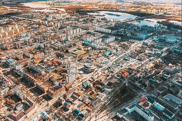 Brest, Belarus. Brest Cityscape Skyline In Spring Day. Bird's-eye View Of Residential Districts. Aerial View Of Belarus Cinema And Pedestrian