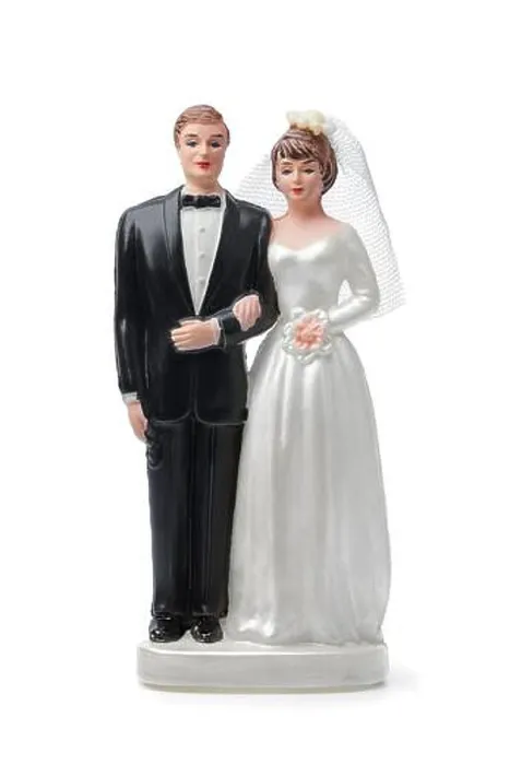 Framed Print : Bride and groom, vintage cake topper isolated on white background Framed Print : Bride and groom, vintage cake topper isolated on white background