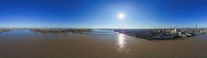 Framed Print : Bridge over river Rhine in Duisburg Neuenkamp, Germany during flood of the A40 Highway, 360 degree Ppanorama Framed Print : Bridge over river Rhine in Duisburg Neuenkamp, Germany during flood of the A40 Highway, 360 degree Ppanorama