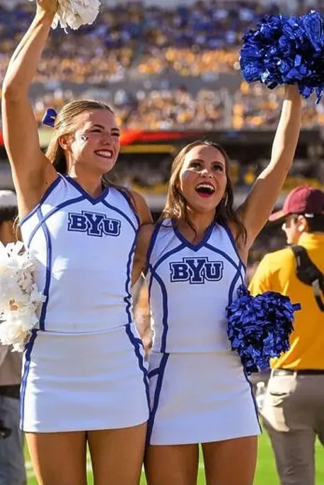 Framed Print : Brigham Young Cougars cheerleaders celebrates after a turnover in the second quarter of an NCAA football game against Framed Print : Brigham Young Cougars cheerleaders celebrates after a turnover in the second quarter of an NCAA football game against
