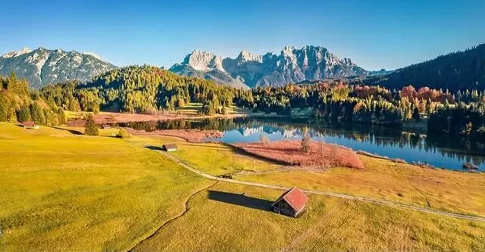 Framed Print : Bright autumn view from flying drone of Wagenbruchsee (Geroldsee) Framed Print : Bright autumn view from flying drone of Wagenbruchsee (Geroldsee)