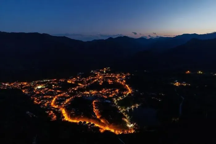 Framed Print : Bright sparkling mountain town of Smolyan with multi-colored night electric lights Framed Print : Bright sparkling mountain town of Smolyan with multi-colored night electric lights