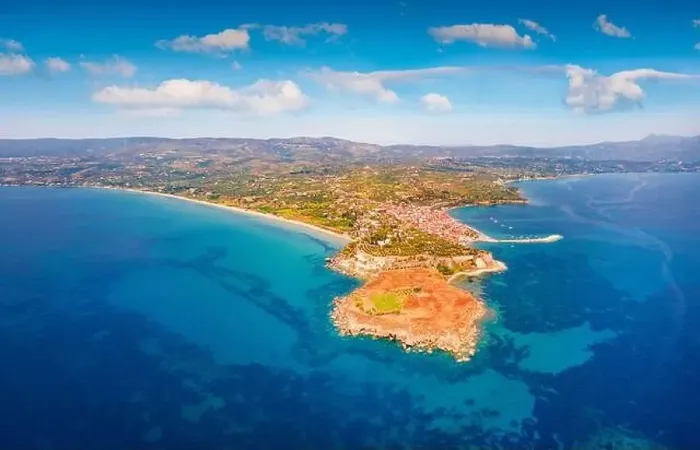 Framed Print : Bright view from flying drone of Koroni town Framed Print : Bright view from flying drone of Koroni town