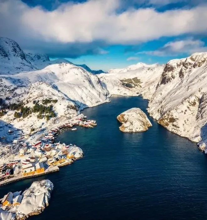 Framed Print : Bright winter view from flying drone of Nusfjord town Framed Print : Bright winter view from flying drone of Nusfjord town