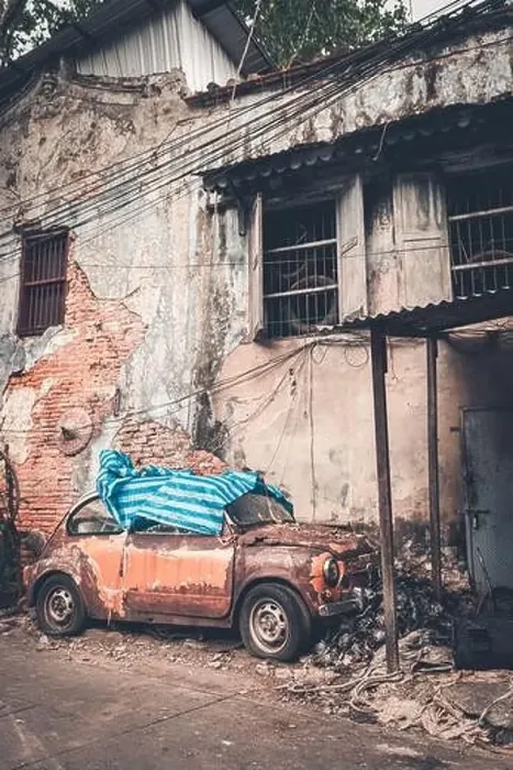 Framed Print : Broken car park in old slum village in Bangkok Framed Print : Broken car park in old slum village in Bangkok
