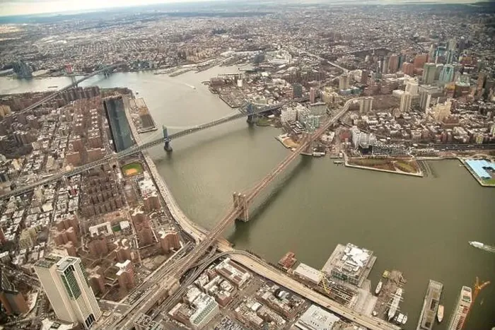 Framed Print : Brooklyn and Manhattan Bridges aerial view from helicopter Framed Print : Brooklyn and Manhattan Bridges aerial view from helicopter