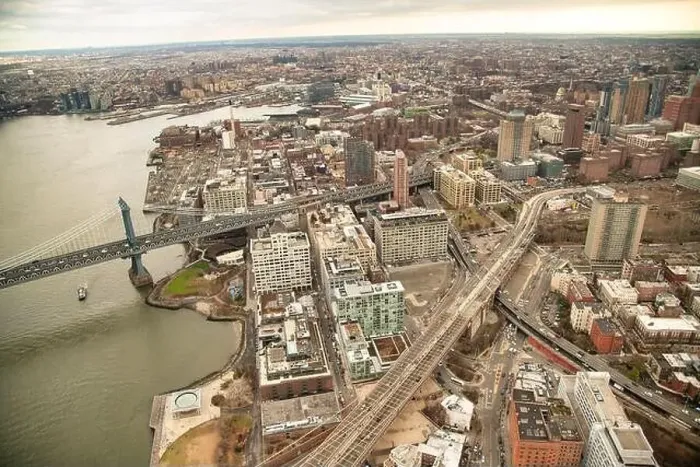 Framed Print : Brooklyn and Manhattan Bridges aerial view from helicopter Framed Print : Brooklyn and Manhattan Bridges aerial view from helicopter