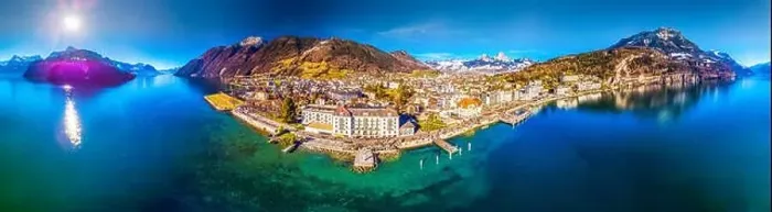 Framed Print : Brunnen old town with Grosse und kleine Mythen, Canton Schwyz, Switzerland, Europe
