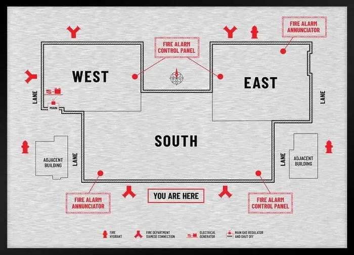 Framed Print : Brushed metal fire emergency plan or evacuation diagram signage of a commercial complex or shopping mall. Marked locations of fire equipment, gas shut Framed Print : Brushed metal fire emergency plan or evacuation diagram signage of a commercial complex or shopping mall. Marked locations of fire equipment, gas shut
