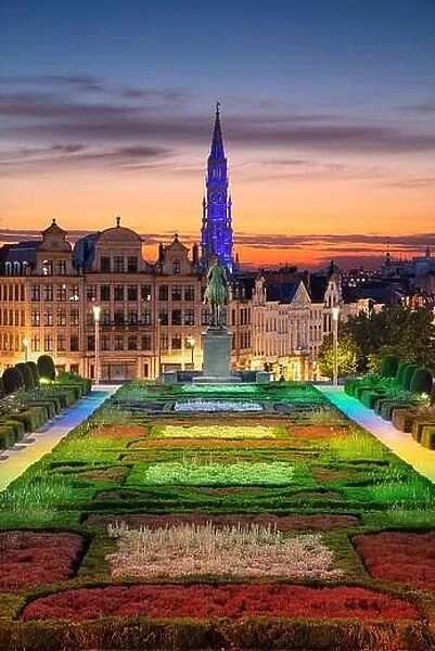 Brussels, Belgium. Cityscape image of Brussels with City Hall and Mount of the Arts area at sunset