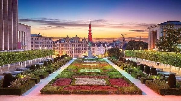 Brussels, Belgium. Panoramic cityscape image of Brussels with City Hall and Mount of the Arts area at sunset